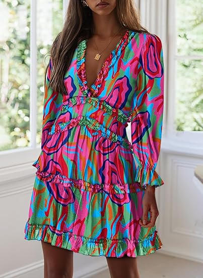Eden™ | Vestido Corto con Estampado Floral, Volantes y Mangas Largas