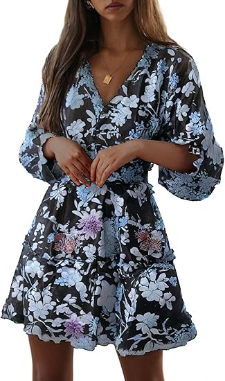 Eden™ | Vestido Corto con Estampado Floral, Volantes y Mangas Largas