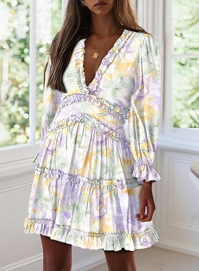 Eden™ | Vestido Corto con Estampado Floral, Volantes y Mangas Largas
