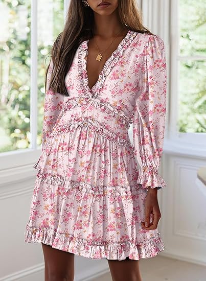 Eden™ | Vestido Corto con Estampado Floral, Volantes y Mangas Largas