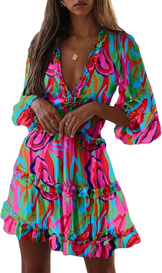 Eden™ | Vestido Corto con Estampado Floral, Volantes y Mangas Largas