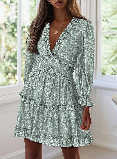 Eden™ | Vestido Corto con Estampado Floral, Volantes y Mangas Largas