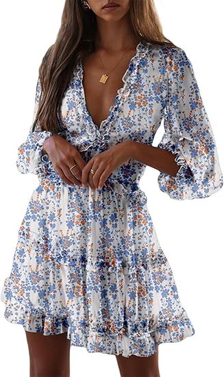Eden™ | Vestido Corto con Estampado Floral, Volantes y Mangas Largas