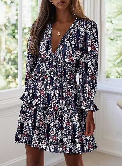 Eden™ | Vestido Corto con Estampado Floral, Volantes y Mangas Largas