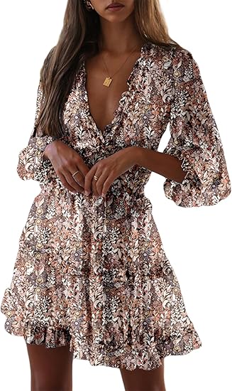 Eden™ | Vestido Corto con Estampado Floral, Volantes y Mangas Largas